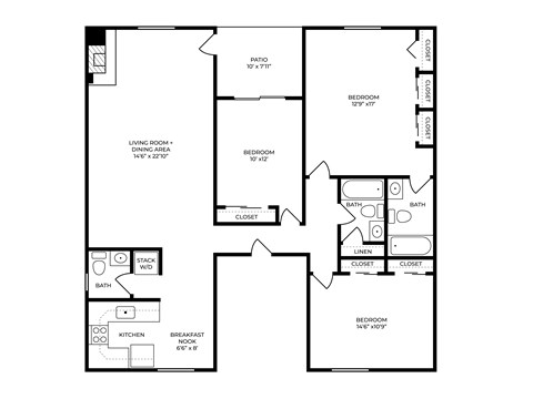 Floor plan for 3 beds, 2.5 baths, 1320 sqft